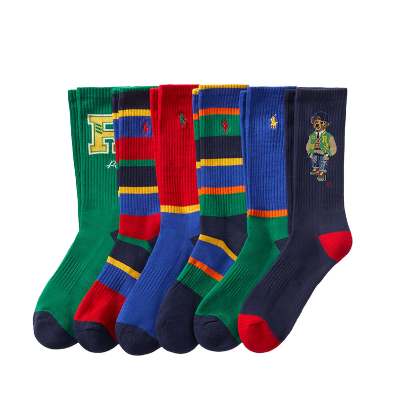 Polo Ralph Lauren Mens American Heritage Bear Crew 6 Pack Socks 821574PK3 Asst