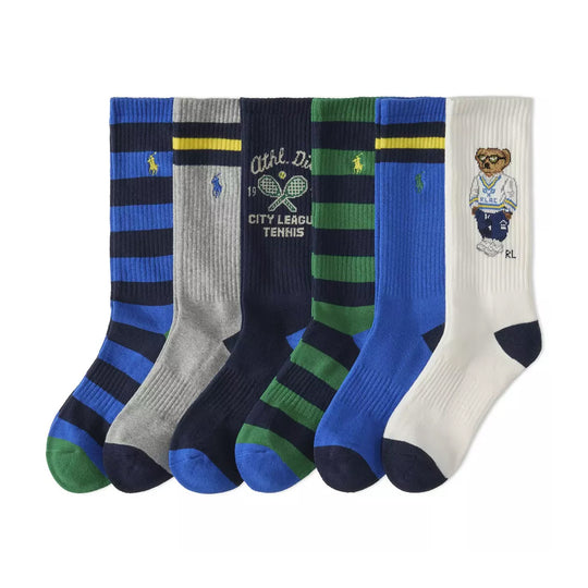 Polo Ralph Lauren Mens Half Cushion 6 Pack Baer/Tennis Crew Socks 821585PK3 Assorted