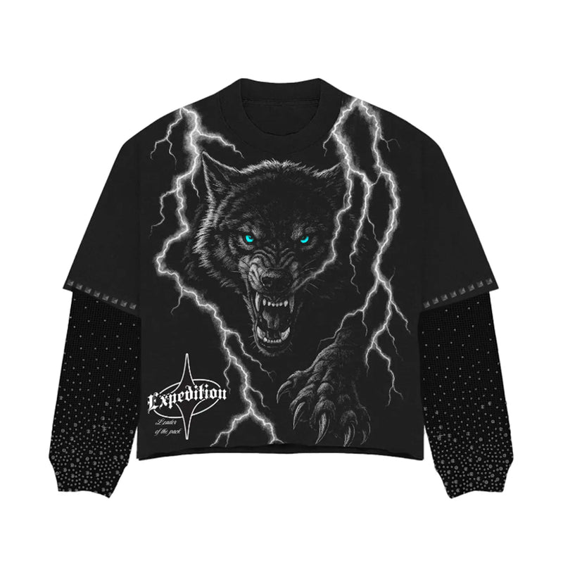 Expedition Mens Wolf Rhinestone Layer Long Sleeve Shirt EXLT103F25 Black Washed