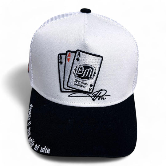 Premium Milano Mens Aces 5-Panel Trucker Hat MACE102 White/Black/Red