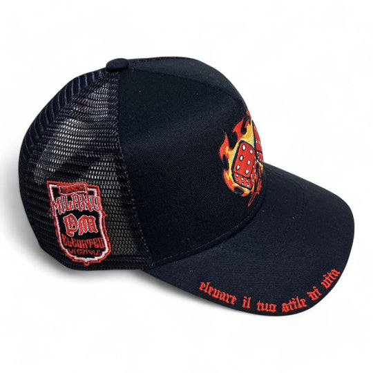 Premium Milano Mens Dice 5-Panel Trucker Hat MDICE103 Black/Red/Gold
