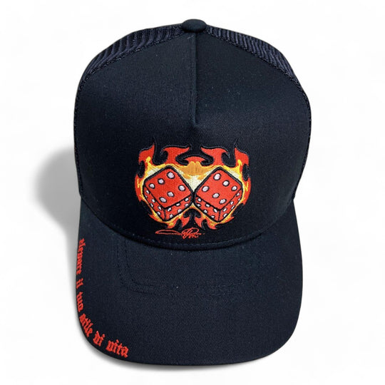 Premium Milano Mens Dice 5-Panel Trucker Hat MDICE103 Black/Red/Gold