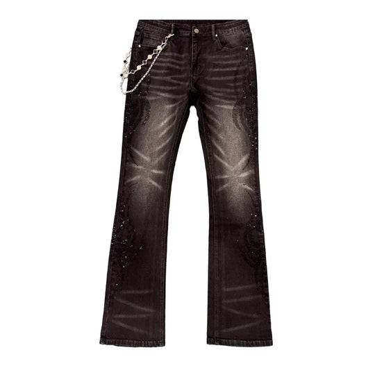 Premium Milano Mens Tribo Black Rhinestone Stacked Flare Jeans PM001F25-100 Black Wash