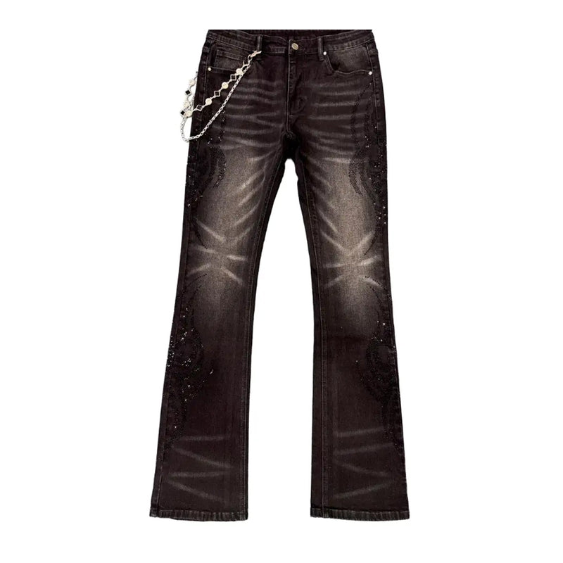 Premium Milano Mens Tribo Black Rhinestone Stacked Jeans PM001F25-100 Black Wash