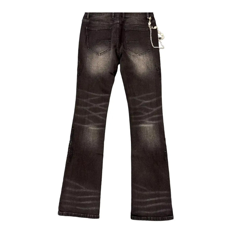 Premium Milano Mens Tribo Black Rhinestone Stacked Jeans PM001F25-100 Black Wash
