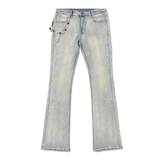 Premium Milano Mens Tribo Clear Stone Stacked Flare Jeans PM001F25-116 LT Blue Wash