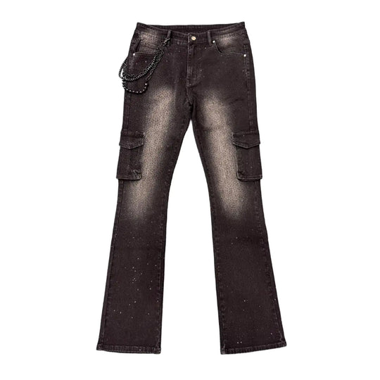 Premium Milano Mens Cargo Pocket Rhinestone Stacked Cargo Jeans PM002F25-100 Black Wash