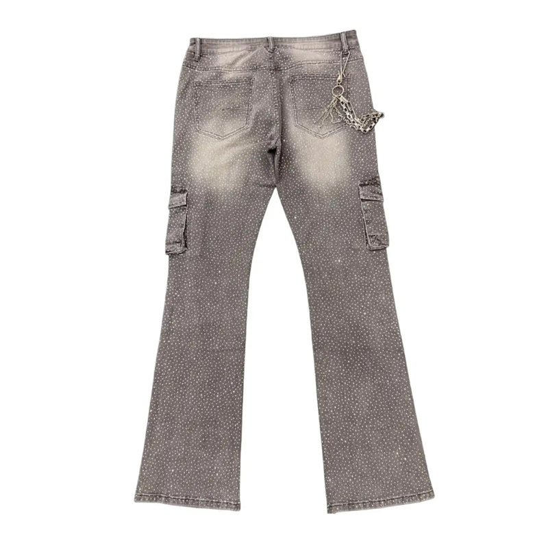 Premium Milano Mens Cargo Pocket Rhinestone Stacked Cargo Jeans PM002F25-118 Gray Wash