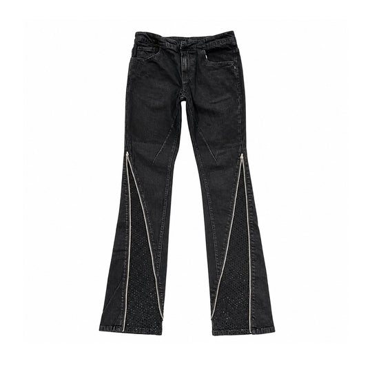 Premium Milano Mens Zip Black Stone Stacked Flare Jeans PM003F25-001 Jet Black