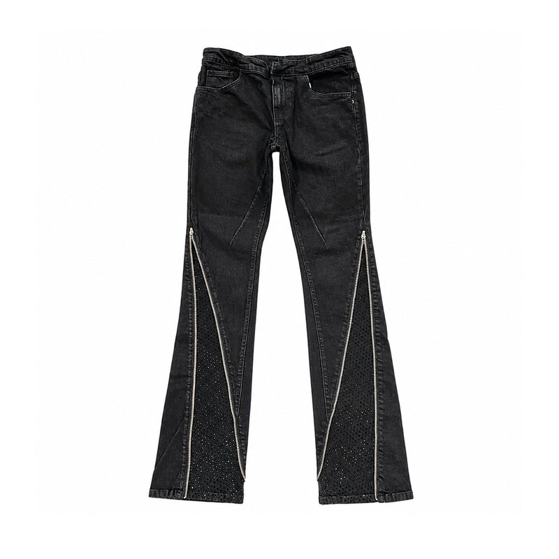 Premium Milano Mens Zip Black Stone Stacked Flare Jeans PM003F25-001 Jet Black