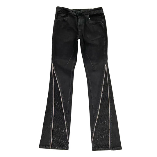 Premium Milano Mens Zip Black Stone Stacked Flare Jeans PM003F25-001 Jet Black