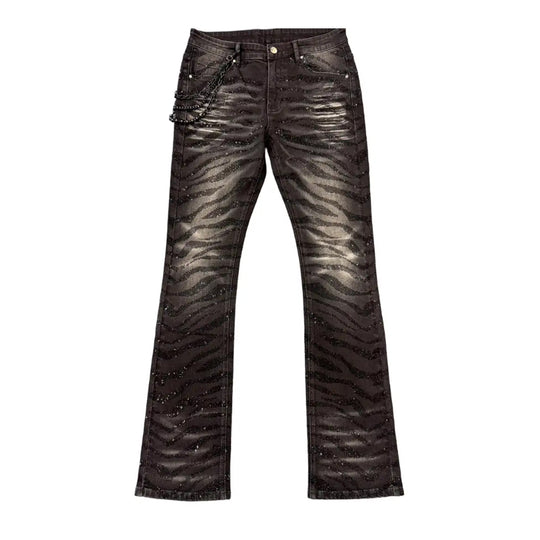 Premium Milano Mens Tiger Strip Black Stone Stacked Flare Jeans PM004F25-100 Black Wash
