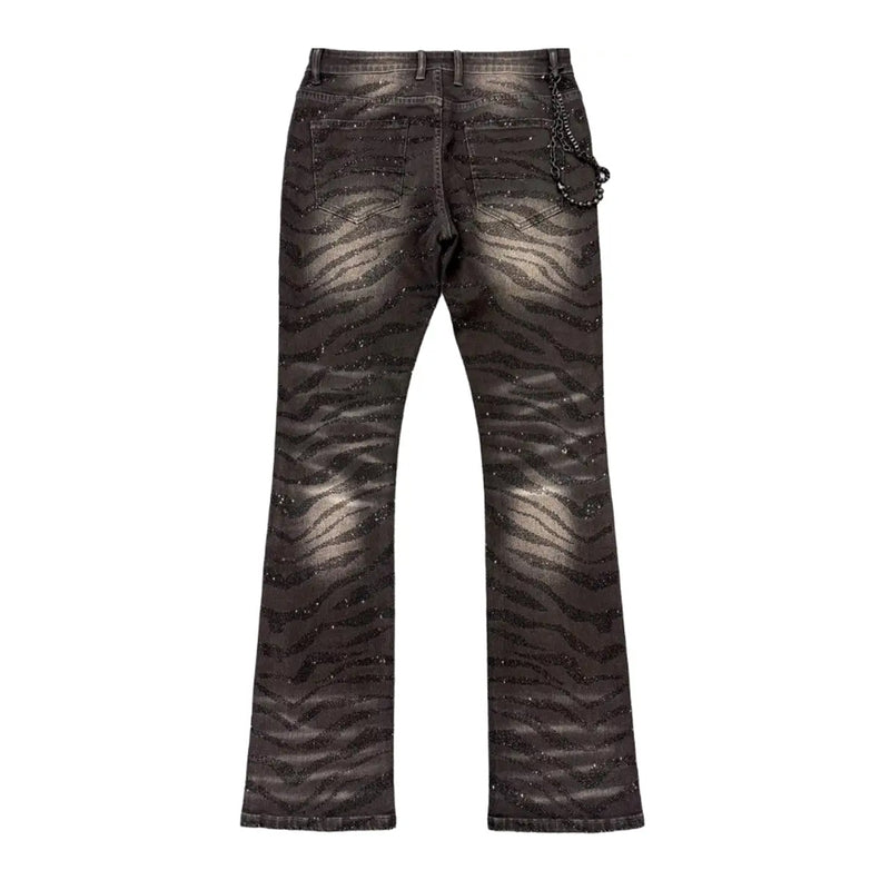Premium Milano Mens Tiger Strip Black Stone Stacked Flare Jeans PM004F25-100 Black Wash