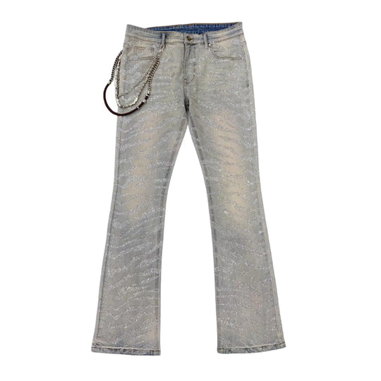 Premium Milano Mens Tiger Strip Clear Stone Stacked Flare Jeans PM004F25-170 Sand Blast