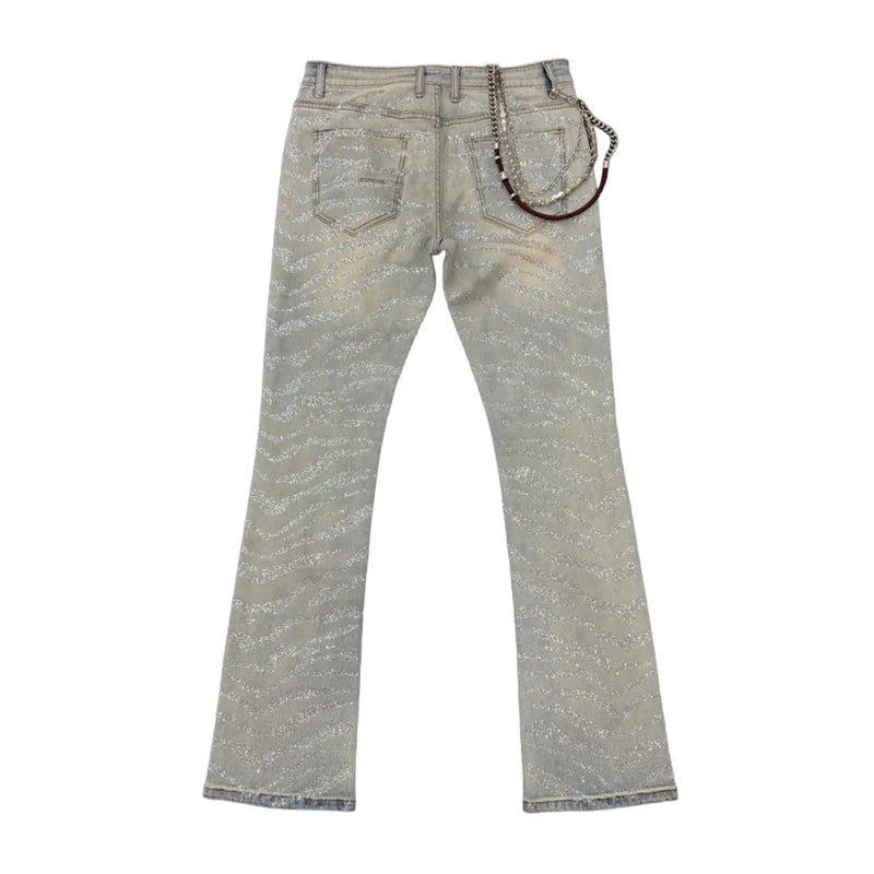 Premium Milano Mens Tiger Strip Clear Stone Stacked Flare Jeans PM004F25-170 Sand Blast