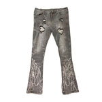 Premium Milano Mens Applique Flame Stacked Flare Jeans PM006F25-118 Gray Wash