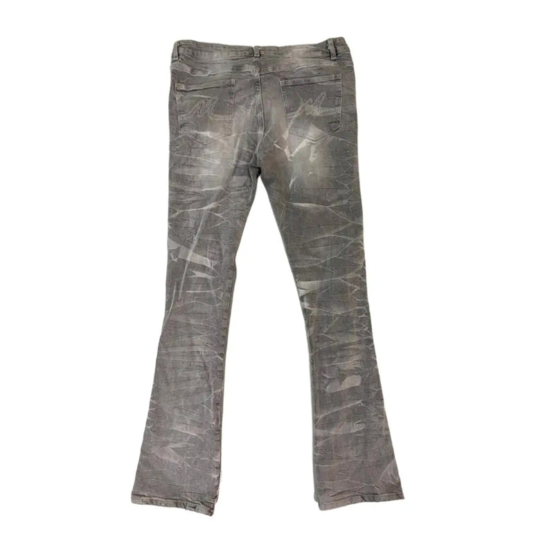 Premium Milano Mens Applique Flame Stacked Flare Jeans PM006F25-118 Gray Wash