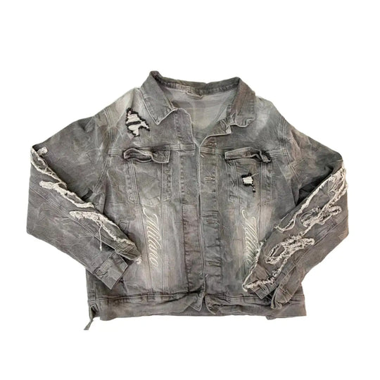 Premium Milano Mens Applique Flame Denim Jacket PM007F25-118JKT Gray Wash