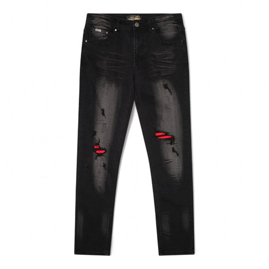 Premium Milano Mens Milan Slim Straight Jeans PM200002 Black Washed/Red