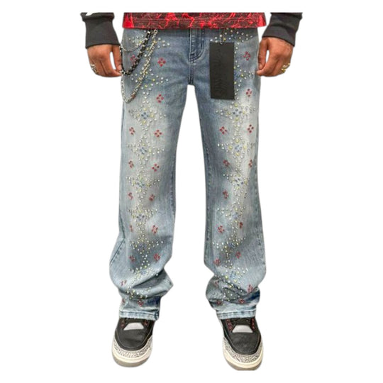 Premium Milano Mens Loose Fit Star Spangled Banner Stacked Jeans PMJ32F25-116 Blue Washed