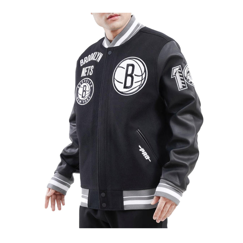 Pro Standard Mens NBA Brooklyn Nets Retro Classic Rib Wool Varsity Jacket BBN656019-BGY Black/Gray