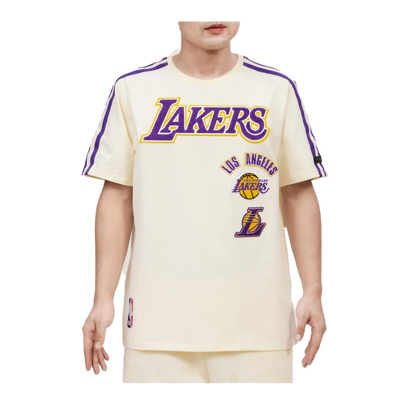Pro Standard Mens NBA Los Angeles Lakers Retro Classic SJ Striped Crew Neck T-Shirt BLL155997-EPU Eggshell/ Purple