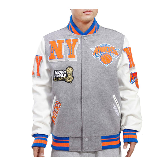Pro Standard Mens NBA New York Knicks Mash Up Logo Varsity Jacket BNK654274-HGR Heather Grey