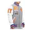 Pro Standard Mens NBA New York Knicks Mash Up Logo Varsity Jacket BNK654274-HGR Heather Grey