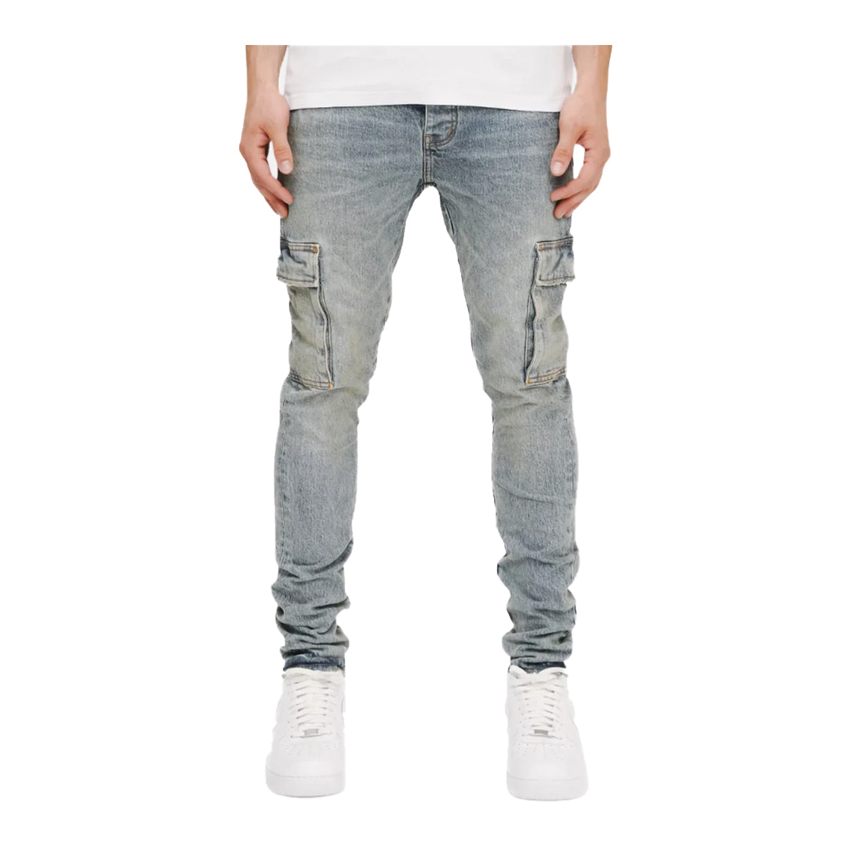 Purple Brand Mens Blue Stone Cargo Skinny Fit Jeans P001-SKCL225 LT Indigo