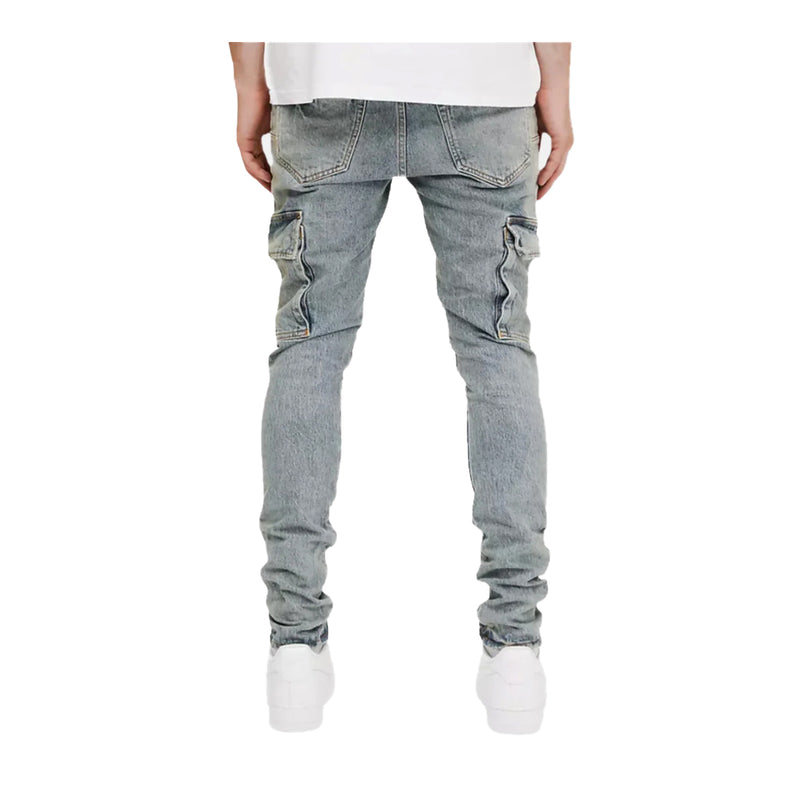 Purple Brand Mens Blue Stone Cargo Skinny Fit Jeans P001-SKCL225 LT Indigo