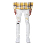 Purple Brand Mens Skinny Fit Jeans P001-WRPP223 White Heavy Repair With Plaid Patch