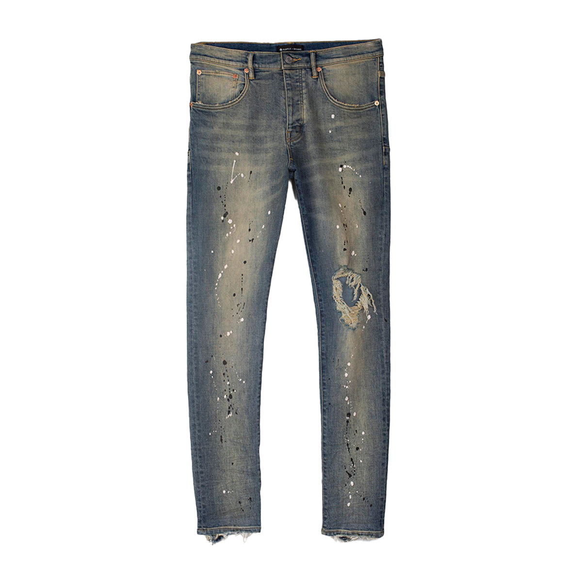 Purple Brand Mens Slim Fit Jeans P002-MID Mid Indigo Destroy Paint
