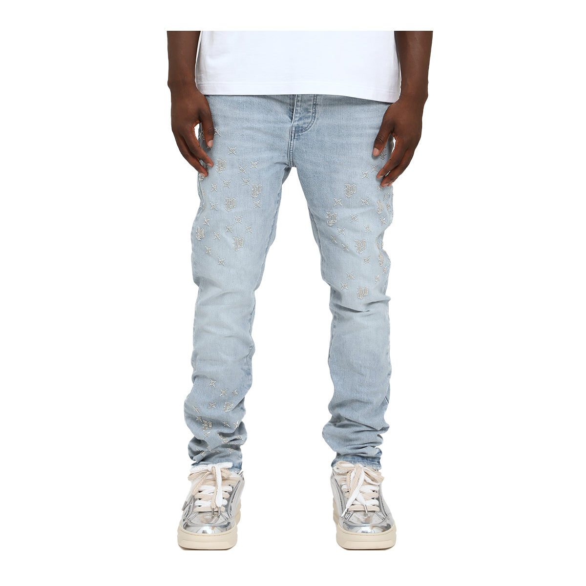 Purple Brand Mens Beaded Monogram Straight Leg Jeans P005-BDMG126 Lt Indigo