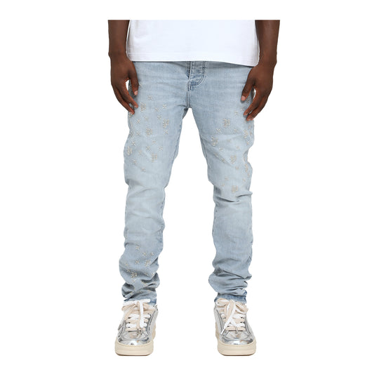 Purple Brand Mens Beaded Monogram Straight Leg Jeans P005-BDMG126 Lt Indigo