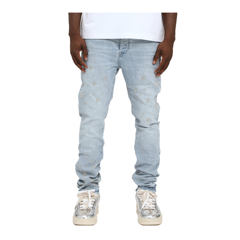 Purple Brand Mens Beaded Monogram Straight Leg Jeans P005-BDMG126 Lt Indigo