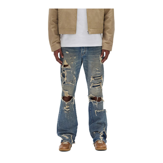 Purple Brand Mens Repair Blowouts Dirty Bootcut Jeans P011-VTLG425 Mid Indigo