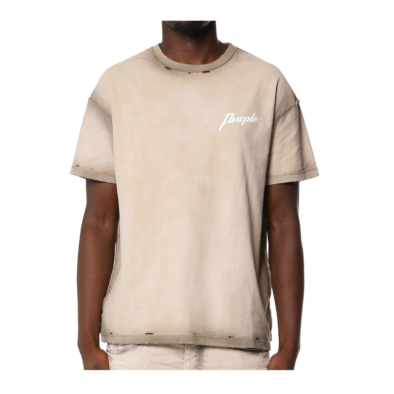 Purple Brand Mens Textured Inside Out Crew Neck T-Shirt P101-TJTS326 Khaki