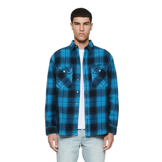 Purple Brand Mens Plain Flannel Button Front Shirt P331-FPVB124 Blue