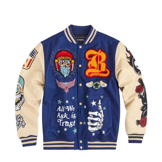 Reason Clothing Mens Born Free Varsity Jacket RER5-001-410 Navy/Beige