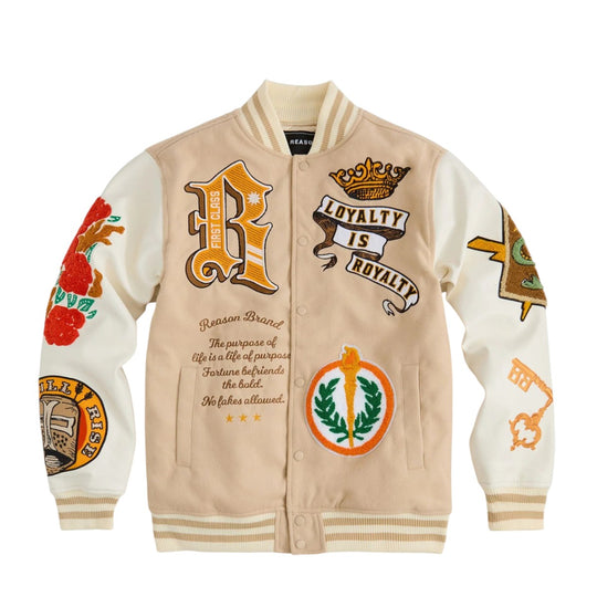 Reason Clothing Mens Loyalty Varsity Jacket RR5-101-250 Beige/White