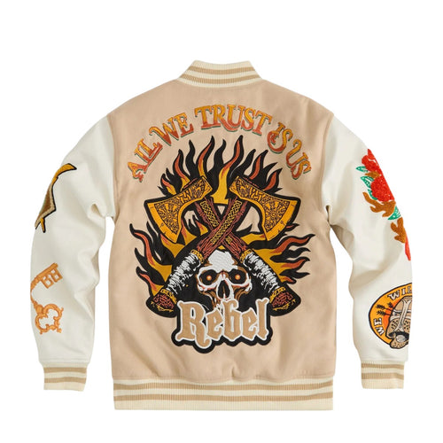 Reason Clothing Mens Loyalty Varsity Jacket RR5-101-250 Beige/White