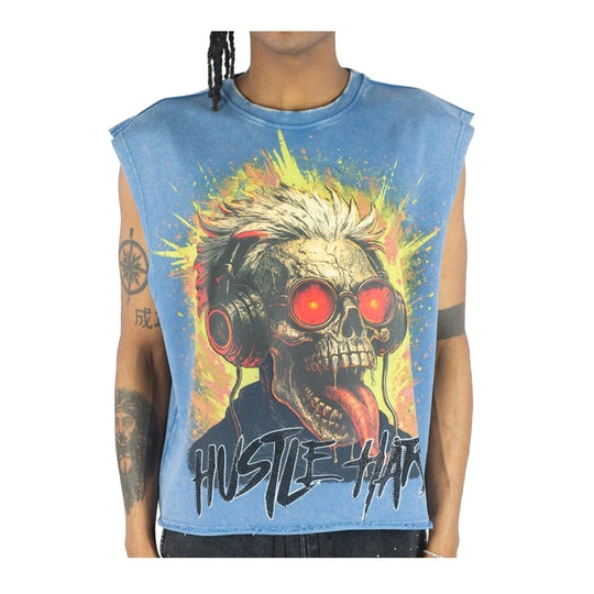 Rebel Minds Mens Hustle Hard Rhinestone Sleeveless Shirt 610-11021-ABL Ash Blue
