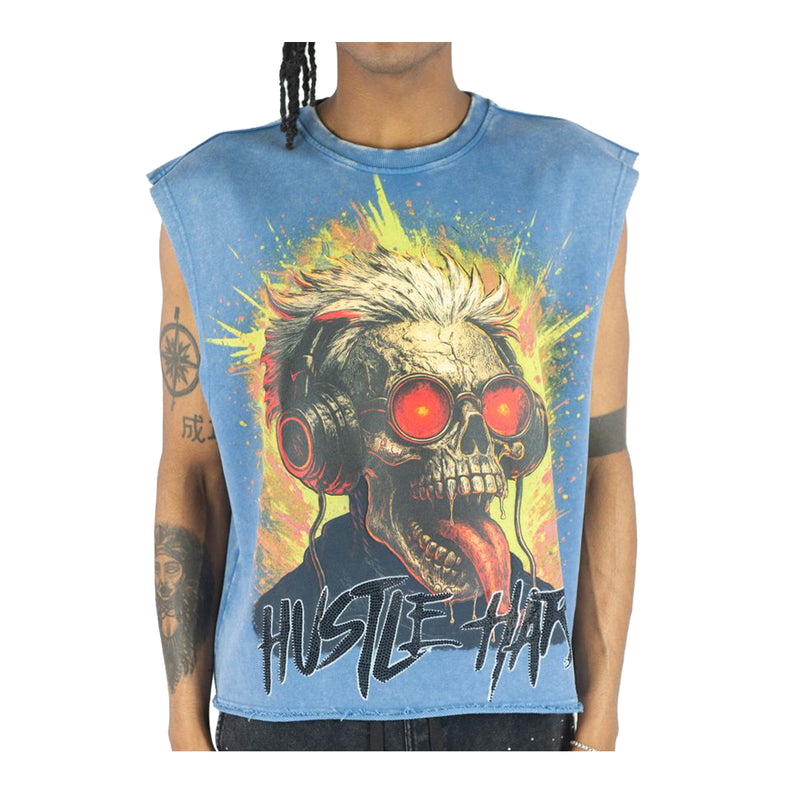 Rebel Minds Mens Hustle Hard Rhinestone Sleeveless Shirt 610-11021-ABL Ash Blue