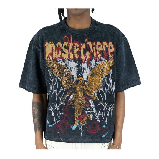Rebel Minds Mens Masterpiece Angel Cropped Crew Neck T-Shirt 610-11102-BK Black