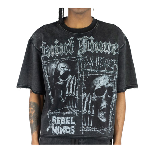Rebel Minds Mens Whispers Rhinestone Cropped Crew Neck T-Shirt 610-11129-BK Black