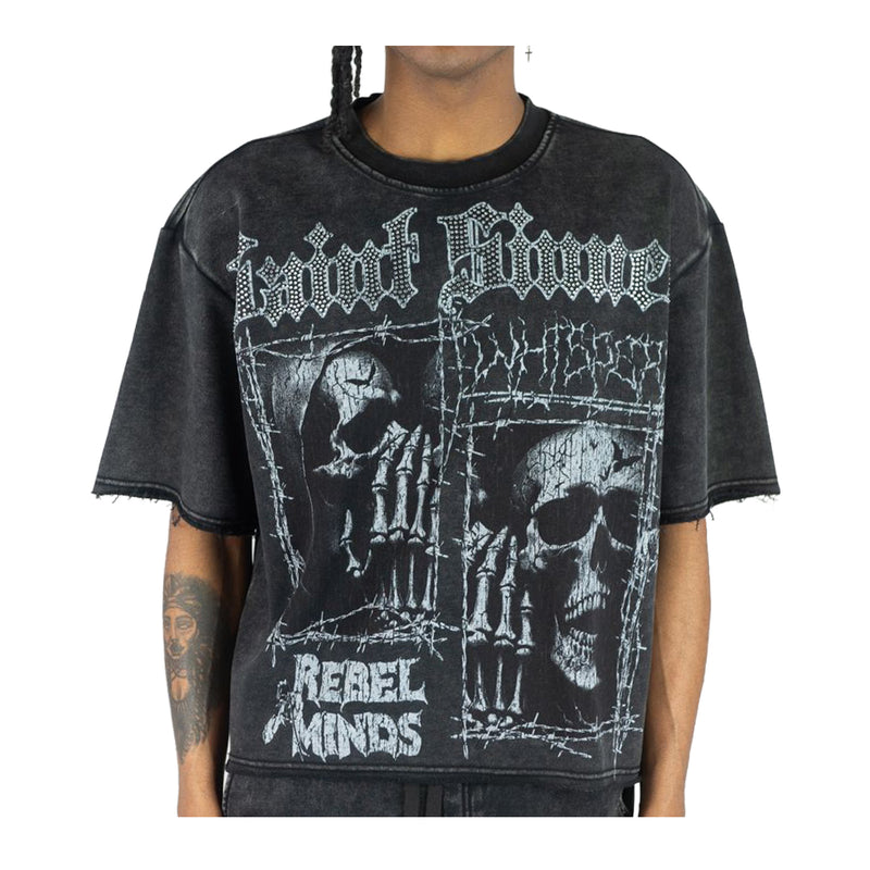 Rebel Minds Mens Whispers Rhinestone Cropped Crew Neck T-Shirt 610-11129-BK Black