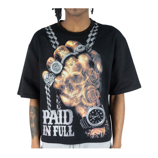 Rebel Minds Mens Paid In Full Rhinestone  Crew Neck T-Shirt 610-11140-BK Black