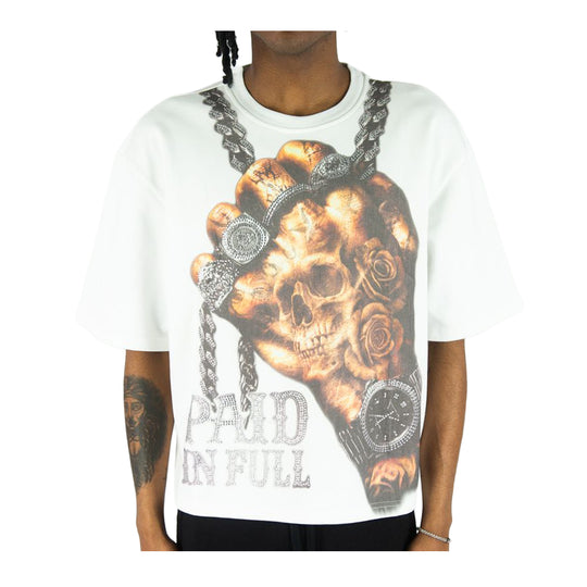 Rebel Minds Mens Paid In Full Rhinestone  Crew Neck T-Shirt 610-11140-WH White