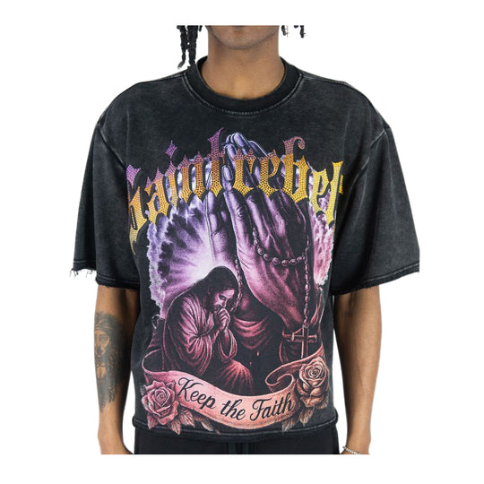 Rebel Minds Mens Keep The Faith Digital  Crew Neck T-Shirt 610-11165-BK Black