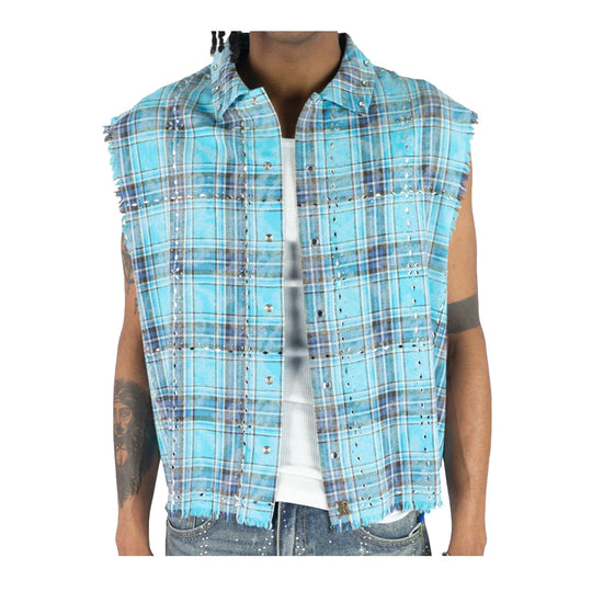 Rebel Minds Mens Plaid Woven Sleeveless Button Front Shirt 610-32745 Blue
